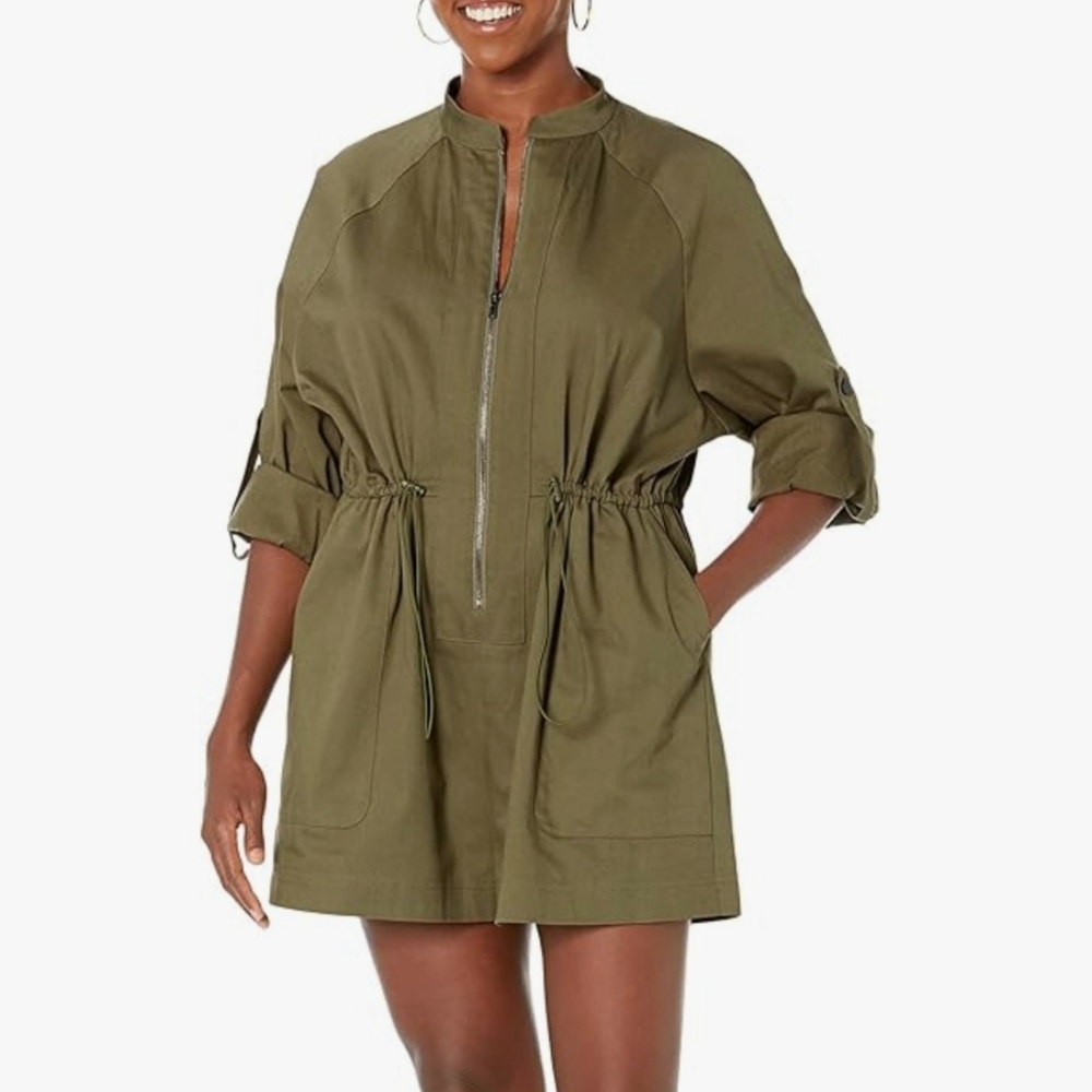 PLUS SIZE Olive Green Zip-Up Romper Drawstring Waist